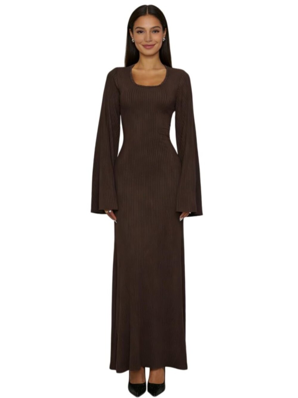 Women's Scoop Neck Lace Up Ribbed Maxi Dress Knit Flare Sleeve Bodycon Dress